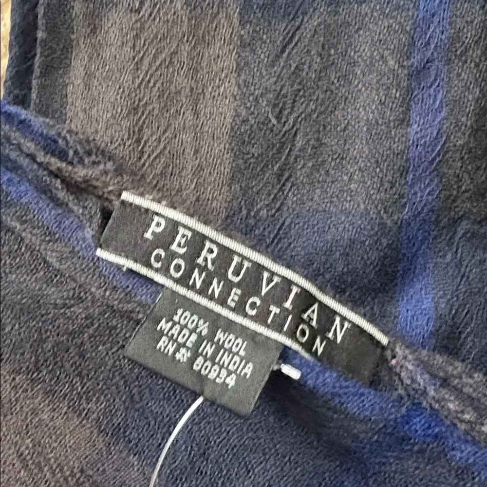 NWT Peruvian Connection Nightshade Plaid 100% Wool Scarf Blue Black Grey